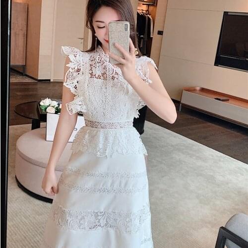 White Color Women Lace Dresses Fashion A-Line Flying Sleeves Hollow Out Office Work Business Vestido Dress Bodycon Party Dress