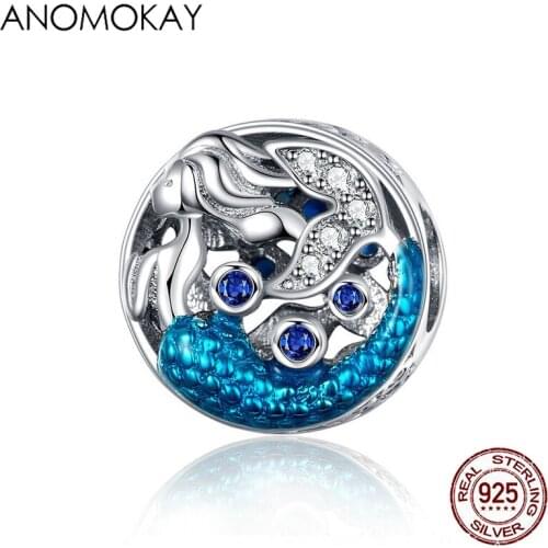 Anomokay Blue Sea Beauty Mermaid Charm for Women Bracelet Necklace 925 Sterling Silver Ocean Charms for Pulsera Fine Jewelry