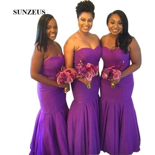 Purple Mermaid Bridesmaid Dress Sweetheart Strapless Long Tulle Party Gowns For African Women Pleated Wedding Guest Dress
