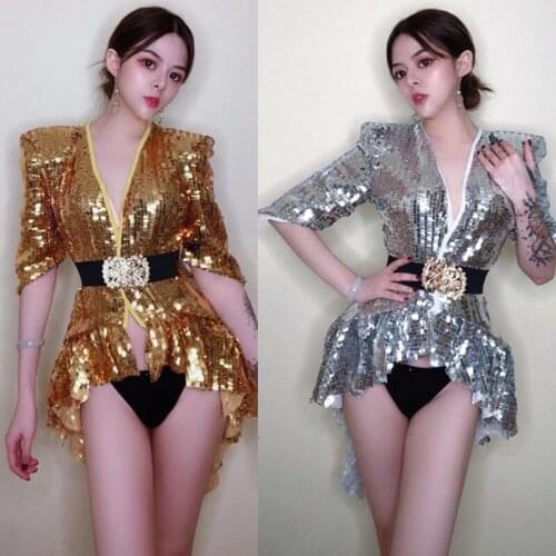 Gold Silver Black Sequins Jacket Tailcoat Fashion Long Coat Singer Dancer Stage Performance Jazz Dance Costume Nightclub