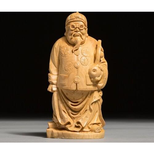 13CM China traditional People Landlord Carved Yellow Boxwood Room wood carved Home Decoration & Collectible free ship