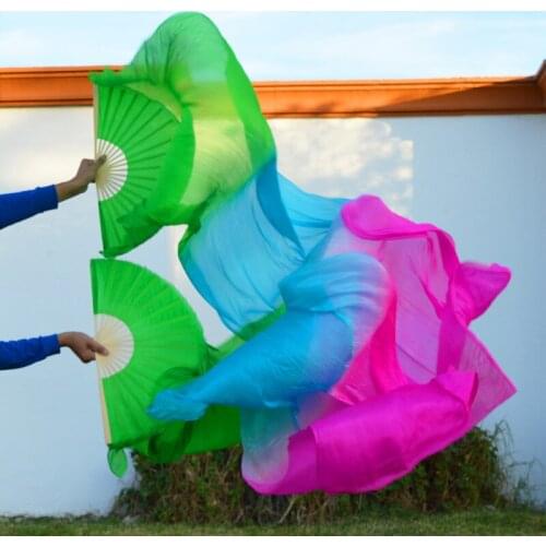 2016 High selling 100% Real Silk Veils 1 Pair handmade women Quality Silk Belly Dance Fan Dance green turquoise rose 180*90 cm