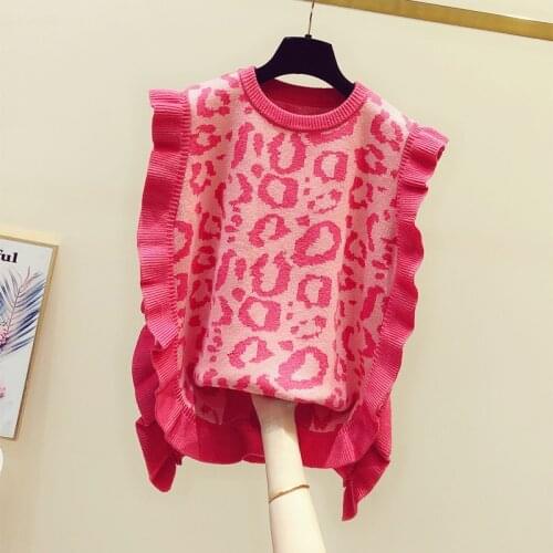 2020 Autumn and Winter Clothing Ruffled Leopard Sweater Vest Female Korean Sleeveless Waistcoat Womens Knit Vests Sweaters Coats