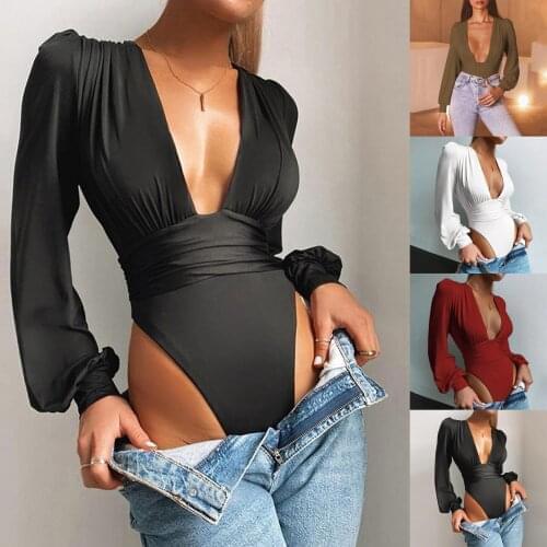 4# Women Sexy Bodycon Bodysuit Long Sleeve Square Neck Sheath Open Crotch Basic White Black Red Overalls Women Body Top