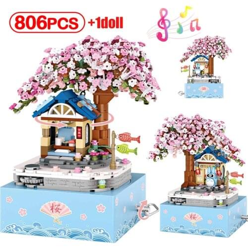 806pcs City Mini Street View Rotating Music Box Sakura Tree House Architecture Building Blocks Friends Figures Bricks Kids Toy
