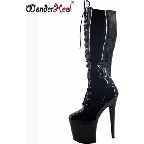 Wonderheel New hot sale platform high heel 20cm ultra high heel patent shiny sexy knee high boots with buckle stiletto heel
