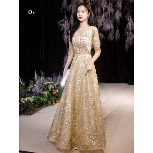 Glitter Gold Evening Dresses Long V-neck A-line Floor-length Simple Beads Plus Size Prom Dresses With Half Sleeves
