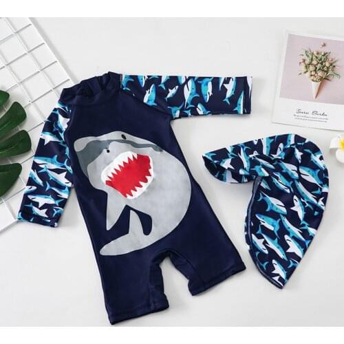 Kids Boys One-piece Childrens Sets Summer Clothing Shark Printed Zipper Swimsuit Bathing Rash Guard with Swimming Cap