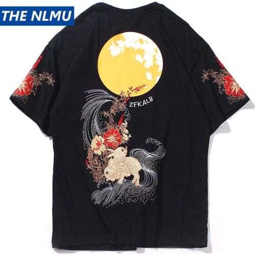 Hip Hop Streetwear T Shirt 2021 Summer Embroidery Rabbit Flowers T-Shirts Harajuku Hip Hop Casual Short Sleeve Tshirt Tops WY709