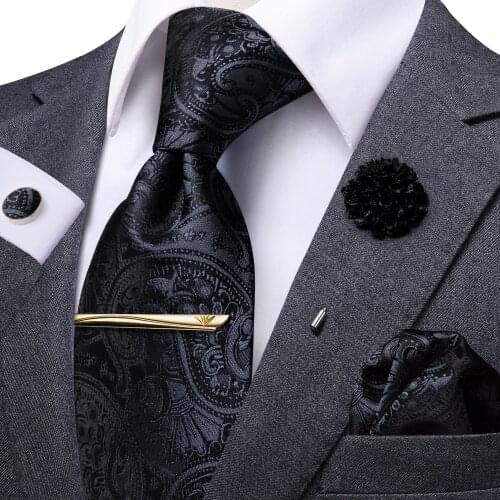 Hi-Tie Business Black Paisley Tie For Men Silk Mens Tie Clip Box Gift For Men Luxury Necktie Hanky Cufflinks Set Formal Dress