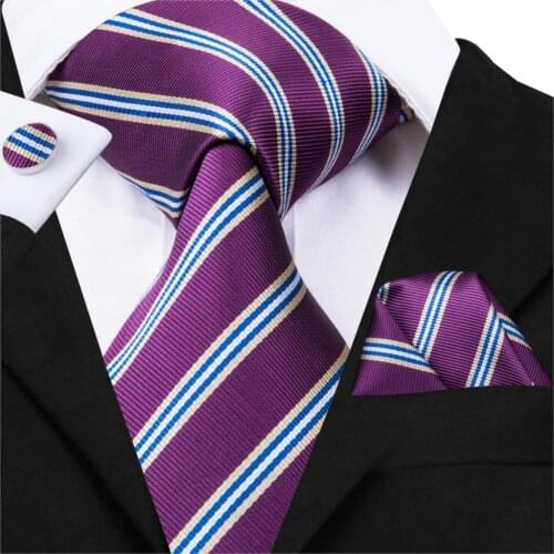 Hi-Tie 2018 New Arrival Mens Ties Purple Striped Normal Business Style Ties Hanky Cufflinks Set For Wedding Party C-3023