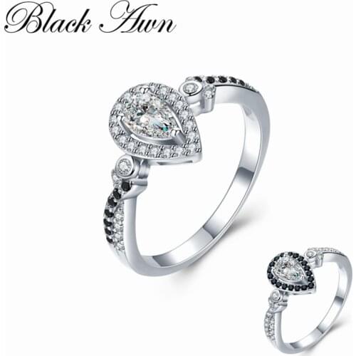 [BLACK AWN] Vintage 2.3g 925 Sterling Silver Fine Jewelry Bague Water Drop Black Spinel Engagement Rings for Women Bijoux C484