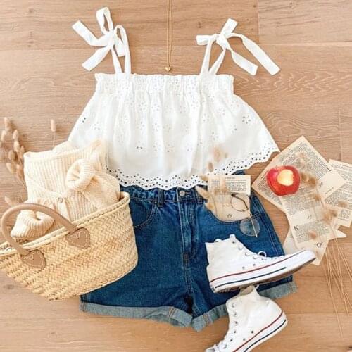 Kids Girls Clothes Set Baby Girl Summer Solid Ruffle Off Shoulder Tops+Blue Denim Shorts 2PCS Outfit Children Clothing Set