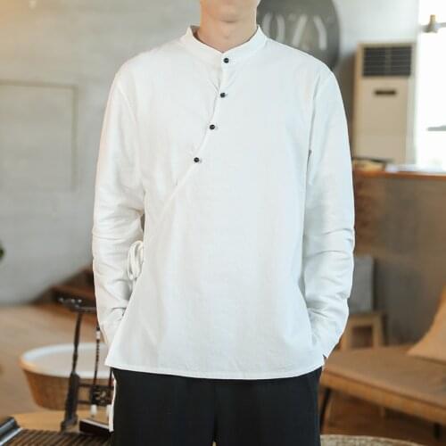 Summer Cotton Black Hanfu Blouse White Mandarin Collar Kung Fu Style Mens Clothing Chinese Style Oriental Costume Big Size Tops