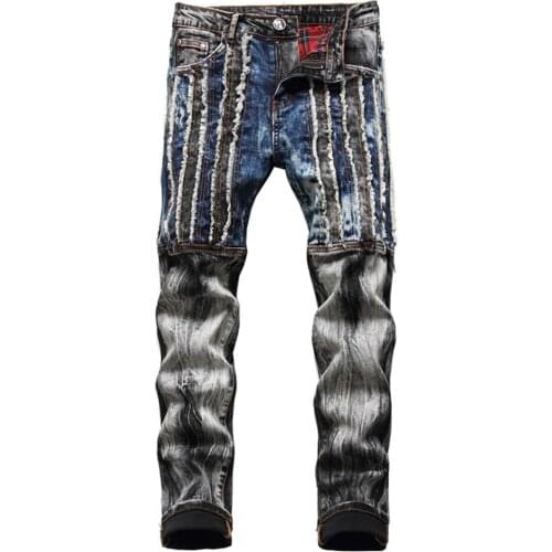 2021 Spring Mens Patchwork Ripped Jeans Trendy Streetwear Slim Straight Stretch Denim Jeans Pants Mid Waist Washed Trousers
