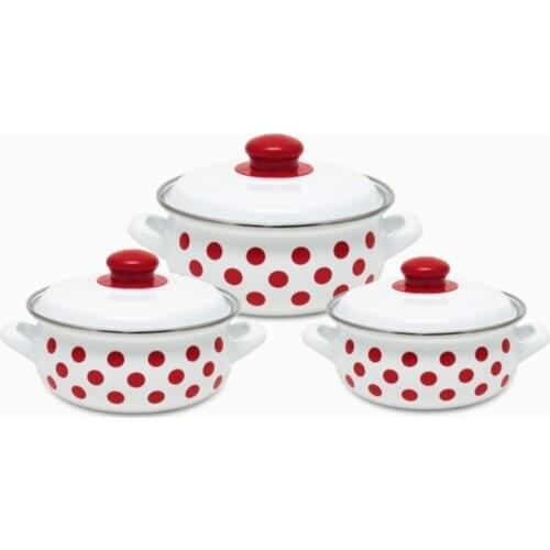 White Red Polka Dot Enamel 3 pcs Cookware Set 14-16-18 cm