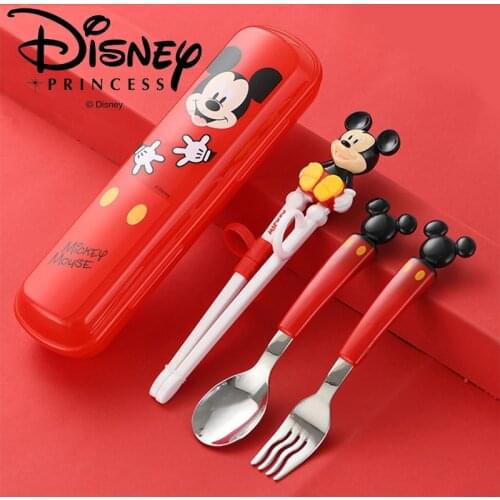 Disney 3D Mickey Tableware, Flatware Set for Right-handed Children, Stainless Steel Fork Spoon Training Chopsticks Portable Case