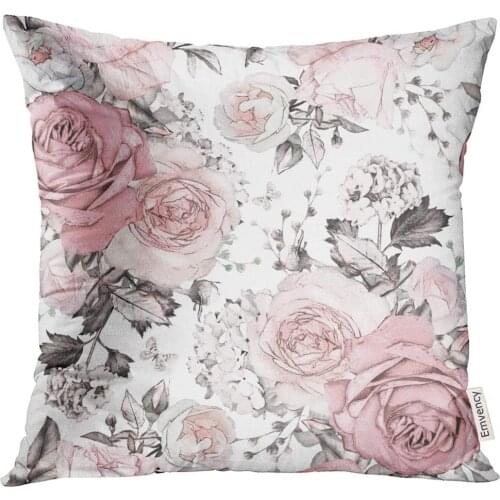 Golee Throw Pillow Cover Gray Abstract with Pink Flowers and Leaves on White Watercolor Floral Pattern Rose in Pastel Color