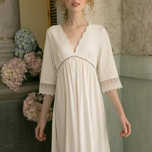 Womens White Lolita Dress Lace Princess Sleepshirts Vintage Deep V Neck Cotton Nightgowns.Victorian Nightdress Lounge Sleepwear
