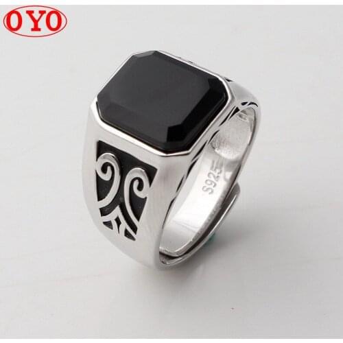 New product s925 sterling silver inlaid black agate live ring mens personality fashion open ring