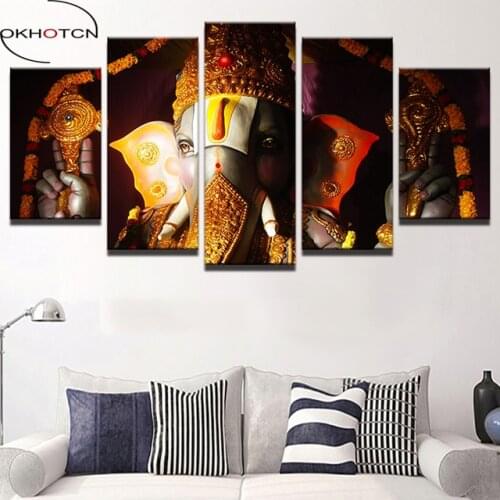 OKHOTCN Modern Wall Art Canvas Painting Frame Home Decor Living Room 5 Pieces India Religion Elephant Ganesha Picture HD Printed