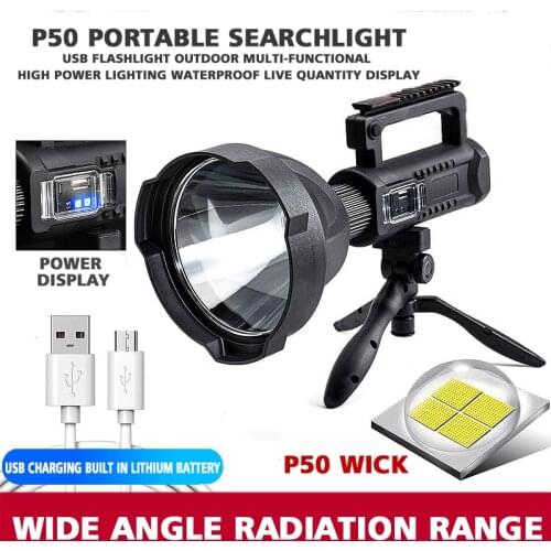 Outdoor Emergency Flashlight P50 USB Rechargeable Work Light Super Bright LED Spotlight Torch Portable Searchlight With Holder