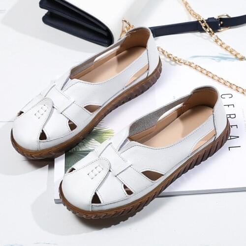 Tilocow Womens Gladiator Slip On Sandals Ladies Genuine Leather Shoes Woman Retro Cover Heel Footwear Female Summer Flat Shoe