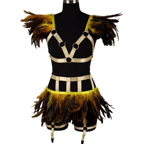 Sexy Feather Lingerie Body Harness Suspenders Bra 2 Piece Set Erotic Underwear Women Gothic Cage Skirt Garter Belt Festival Rave