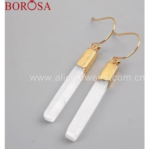 BOROSA 5pairs natural gold Plated selenite crystal blade earrings fashion elongated white selenite crystal wand earrings G1703