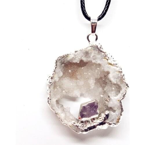 Trendy-beads Unique Silver Plated Irregular Shape Geode Natural Rock Crystal with Purple Amethysts Pendant