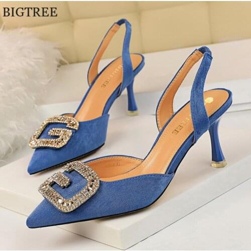 7CM Comfort Heels Women Sandals 2021 Elegant Metal Crystal Buckle Back Strap Sandals Woman Flock Shallow Sexy Party Shoes Office