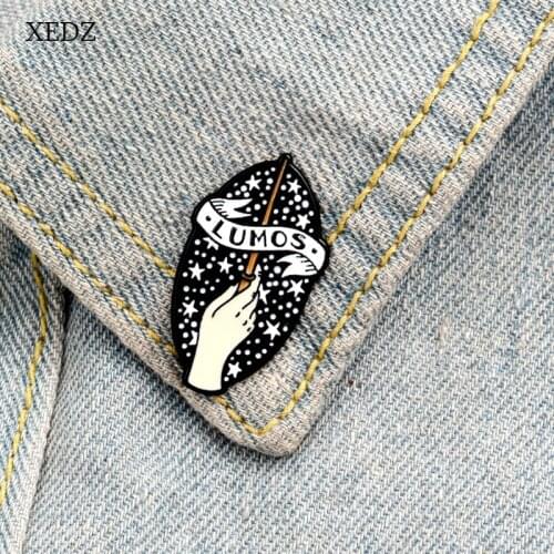 XEDZ Cartoon black magic wand stars ribbon geometric enamel pin metal badge punk clothes lapel brooch gift