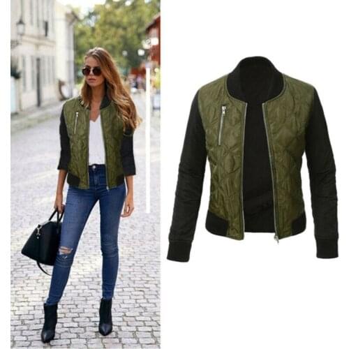 Womens' Zip Baseball Jacket Ladies Slim lattice Cotton Army green Short Coat