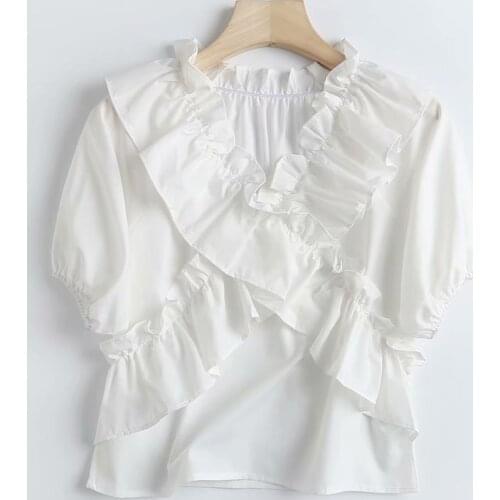 Puff sleeve ruffled blouse women v neck summer short sleeve white blouse top vintage shirt