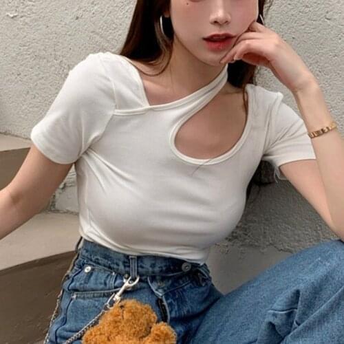Women Casual T-shirt Solid Color Sexy Ladies Unique Neck Short Sleeve 2021 Summer New Slim Solid Color T-shirt