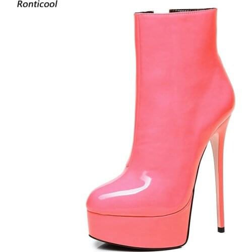 Ronticool Women Platform Ankle Boots Zipper Glossy Stiletto High Heels Round Toe Gorgeous 8 Colors Party Shoes Plus US Size 5-20