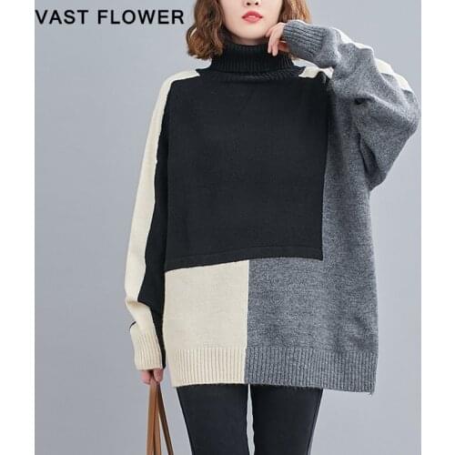 Plus Size Patchwork Knitted Turtleneck Sweater Women New Long Sleeve Pullover Fashion Loose Oversize Sweater Clothes Winter 2020