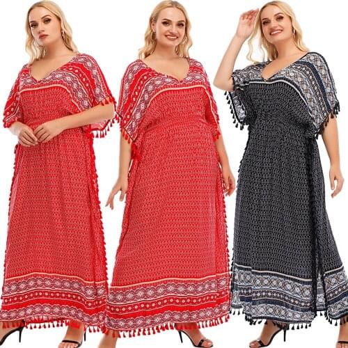 Women Loose Casual Abaya Kaftan V-neck Tassel Long Dress Muslim Islamic Arabic Short Sleeve Summer Maxi Robe Gown Ethnic Fashion