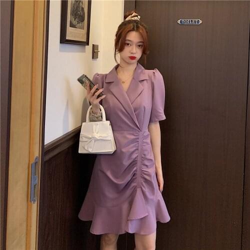 Woman Dress Ruffles Purple Fashion Korean Clothes Female Summer Puff Sleeve Notched A-line Short Dresses Ladies Pink New
