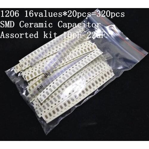 1206 SMD Ceramic Capacitor Assorted kit 10pF~22uF ,16values*20pcs=320pcs Samples Kit Electronic Diy Kit