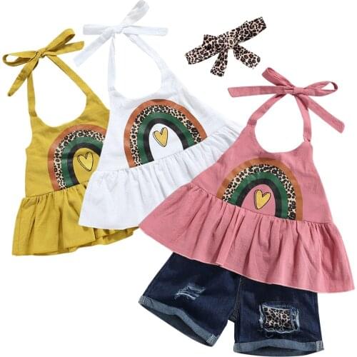 2021 Little Girl’s Vest and Shorts Suit Fashion Rainbow Halter Tops and Leopard Patchwork Denim Shorts