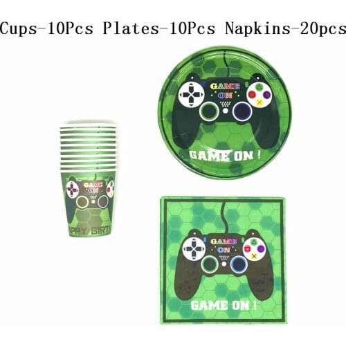 40-60pcs lot Green Game On Theme Disposable Set Table Decoration Paper Cups Plates Wedding Children Birthday Party Supplies