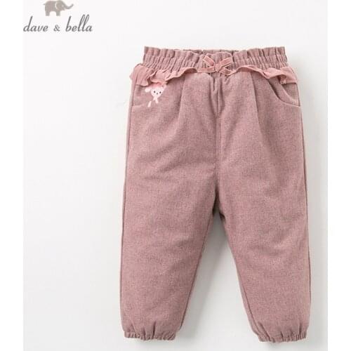 DB12215 dave bella winter girls pants baby fashion cartoon pockets bow padded trousers children high quality trousers
