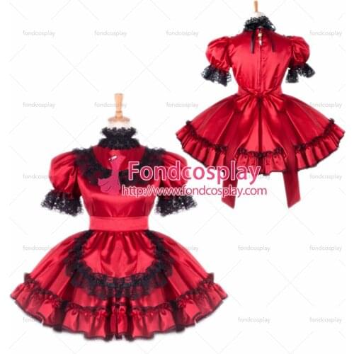 Sissy Maid Dress Lockable Red Satin French Maid Uniform Dress Cosplay Costume Custom-made[G797]