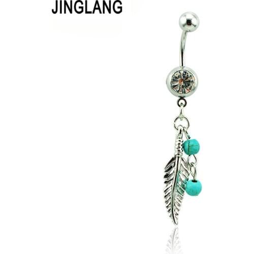 JINGLANG Fashion Belly Button Rings 316L Stainless Steel Dangle Feather Navel Rings Body Piercing Jewelry