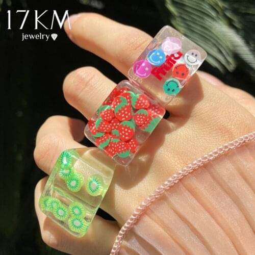 Cute Transparent Square Chunky Fruit Resin Rings For Women Cartoon Big Acrylic Strawberry Simile Ring Jewelry Dropshipping