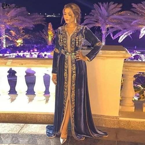 Moroccan Caftan Abendkleider Muslim Evening Gowns 2021 A-Line Velvet Lace Long Sleeve Formal Prom Dresses Dubai Robes De Soirée