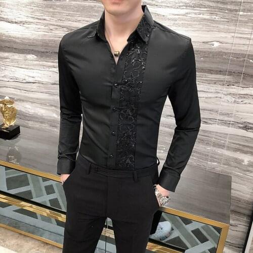 2021 Spring Lace Patchwork Shirts Men Long Sleeve Casual Shirt Stage Dress Shirt Streetwear Social Party Blouse Chemise Homme