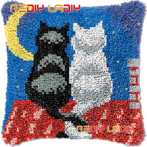 Latch Hook Cushion Night Cats DIY Needlepoint Kits Chunky Acrylic Yarn Arts Crocheting Lofty Pillow Case Hobby & Crafts