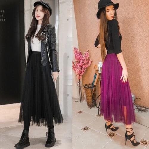 TingYiLi Pleated Tulle Skirts Womens Black Burgundy Purple Gray Green Maxi Skirt Korean Fashion Long Skirts